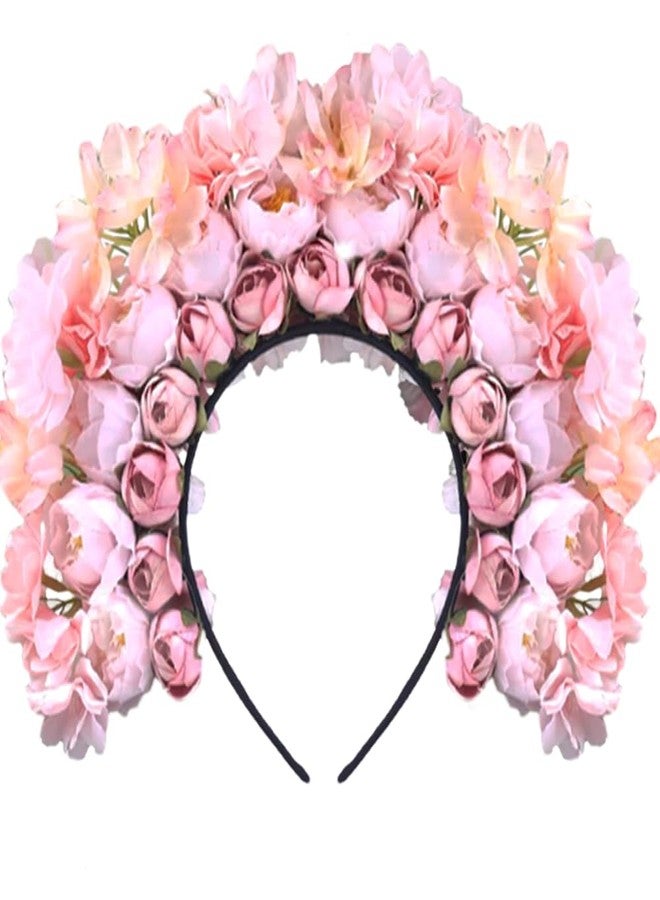 OULIGET Handmade Wreath Hairband,Flower Crown Hairband Double Sided Floral for Day of The Dead Cosplay Party Festivals (Pale pink, Small head circumference) - Image 1